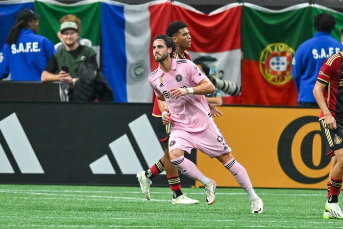 Leonardo Campana pictured celebrating after scoring for Inter Miami during a 5-2 loss to Atlanta United in September 2023